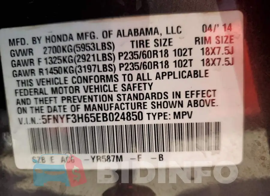 5FNYF3H65EB024850 Photo# 14