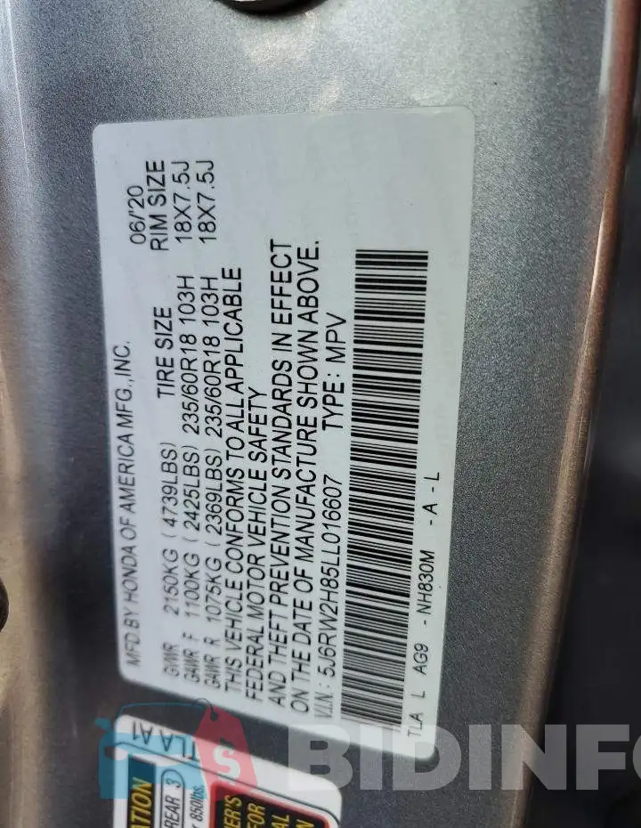 5J6RW2H85LL016607 Photo# 13