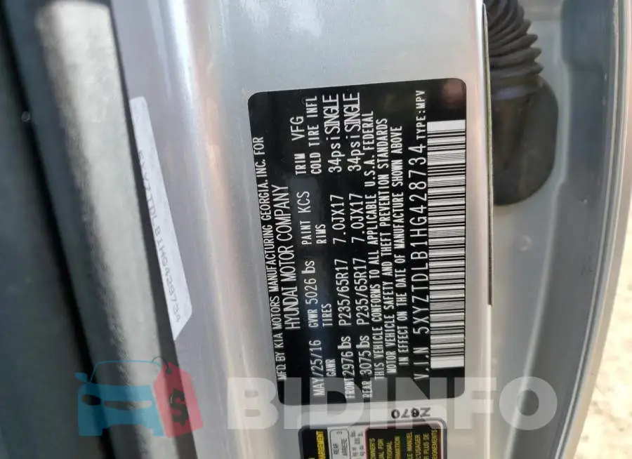 5XYZTDLB1HG428734 Photo# 13