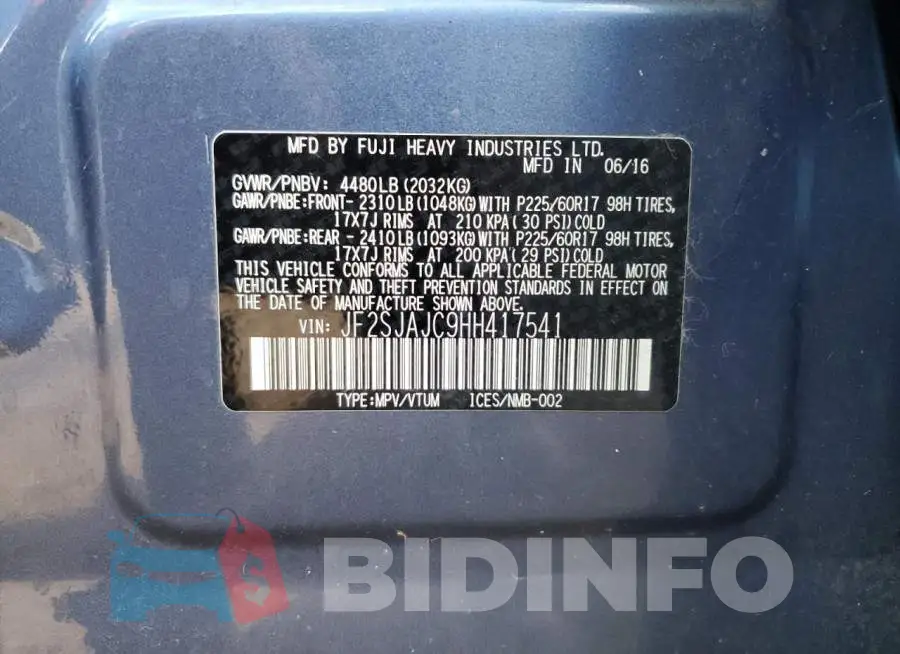 JF2SJAJC9HH417541 Photo# 14