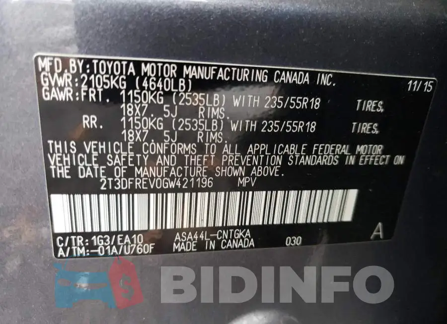 2T3DFREV0GW421196 Photo# 13