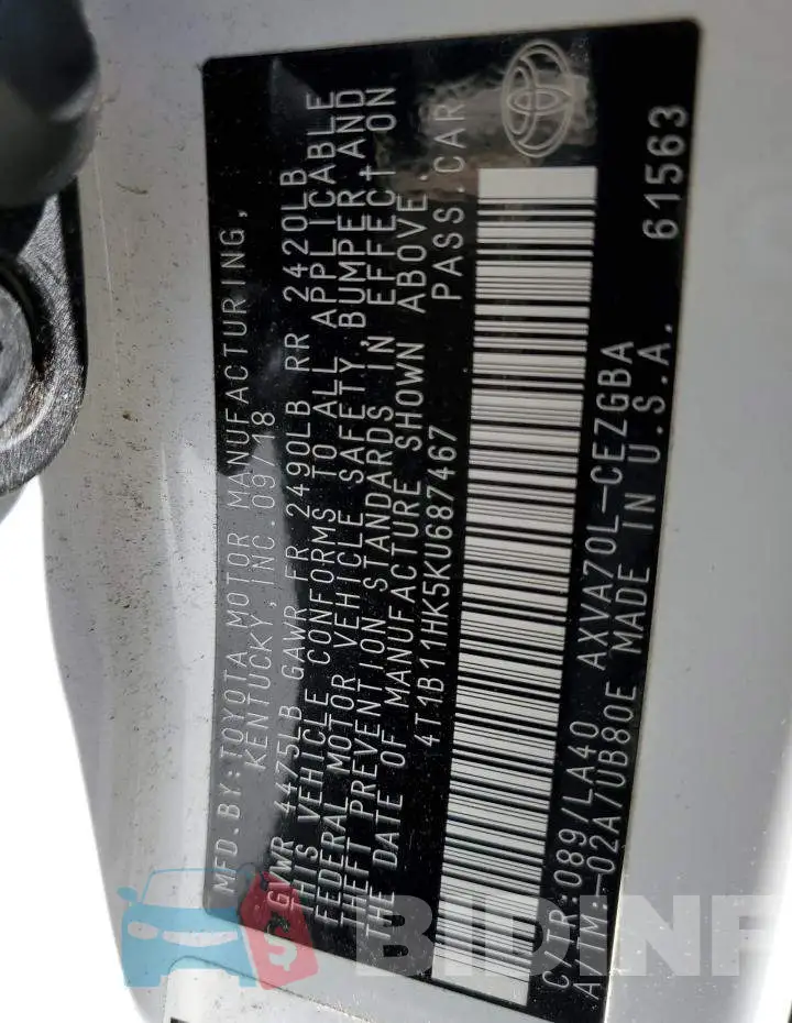 4T1B11HK5KU687467 Photo# 12