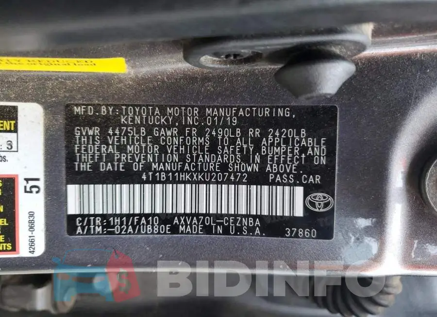 4T1B11HKXKU207472 Photo# 12