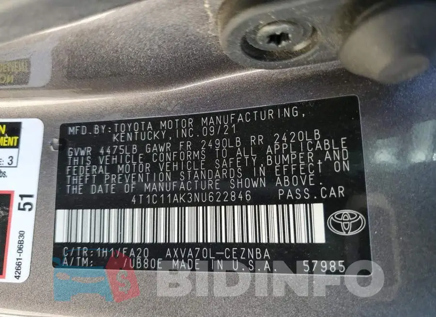 4T1C11AK3NU622846 Photo# 13