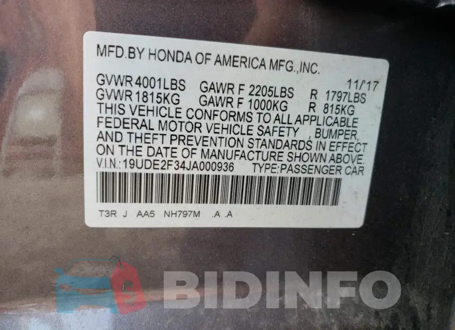 19UDE2F34JA000936 Photo# 12