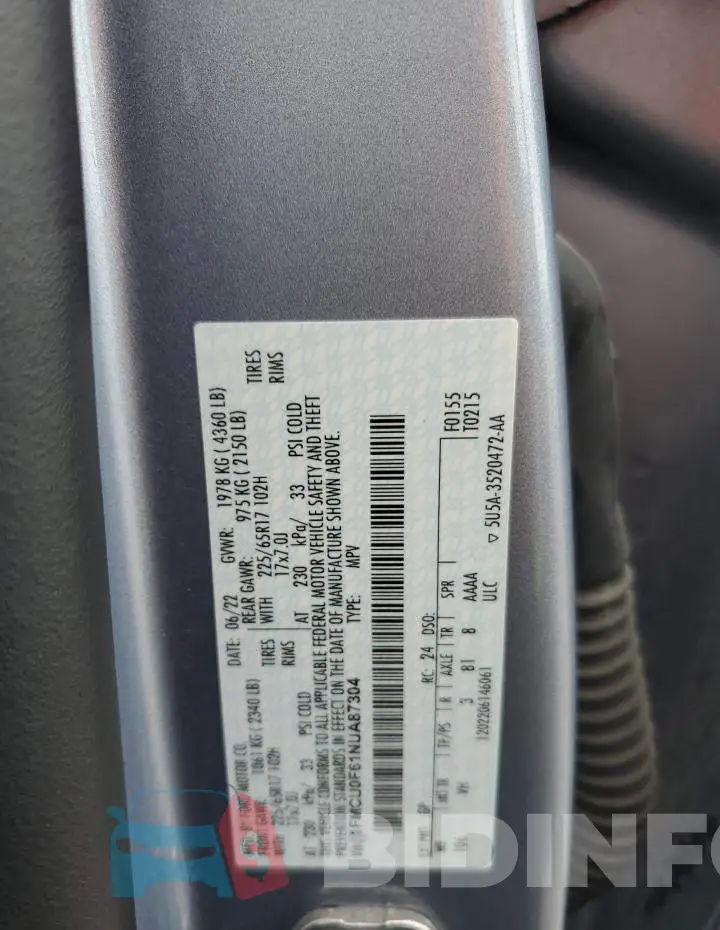 1FMCU0F61NUA87304 Photo# 14