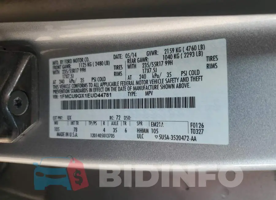 1FMCU9GX1EUD44781 Photo# 12