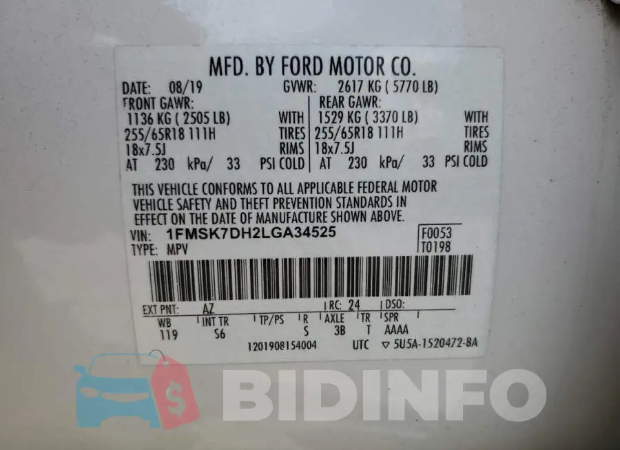 1FMSK7DH2LGA34525 Photo# 12