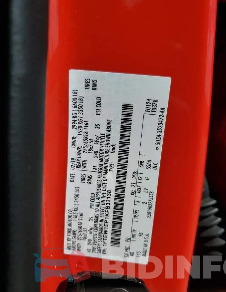 1FTEW1EP1KFB33138 Photo# 12