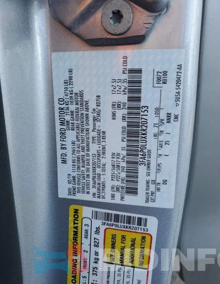 3FA6P0LUXKR207153 Photo# 13