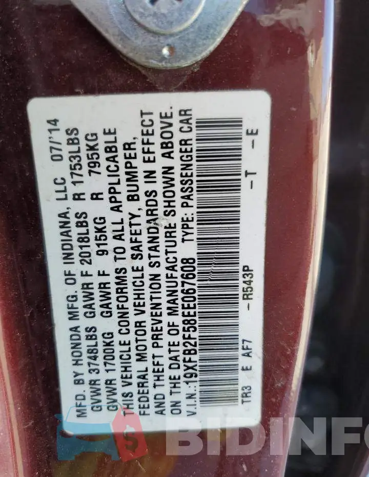 19XFB2F58EE067608 Photo# 13