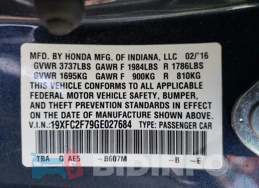 19XFC2F79GE027684 Photo# 12