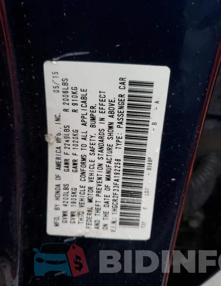 1HGCR2F33FA192258 Photo# 12