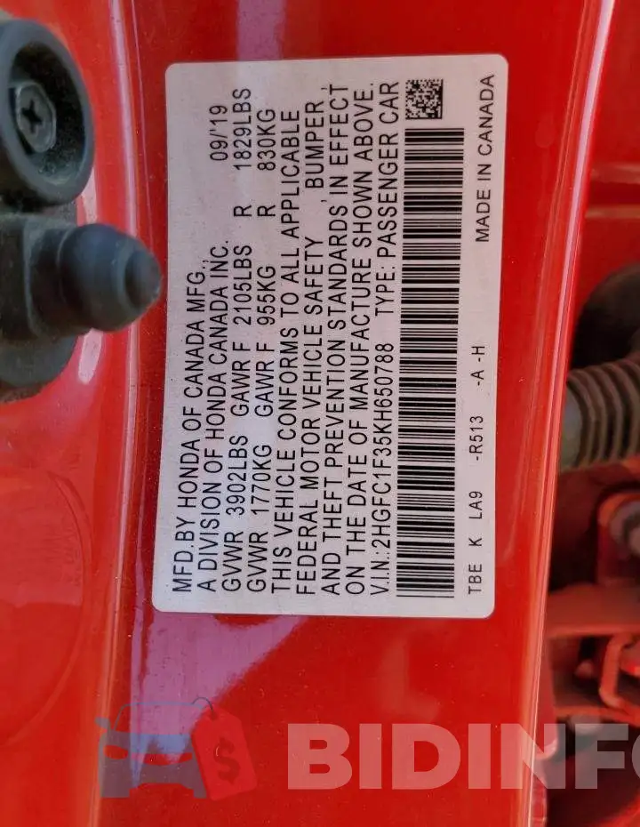 2HGFC1F35KH650788 Photo# 12