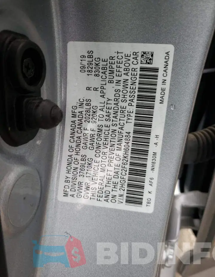 2HGFC2F62KH604884 Photo# 12