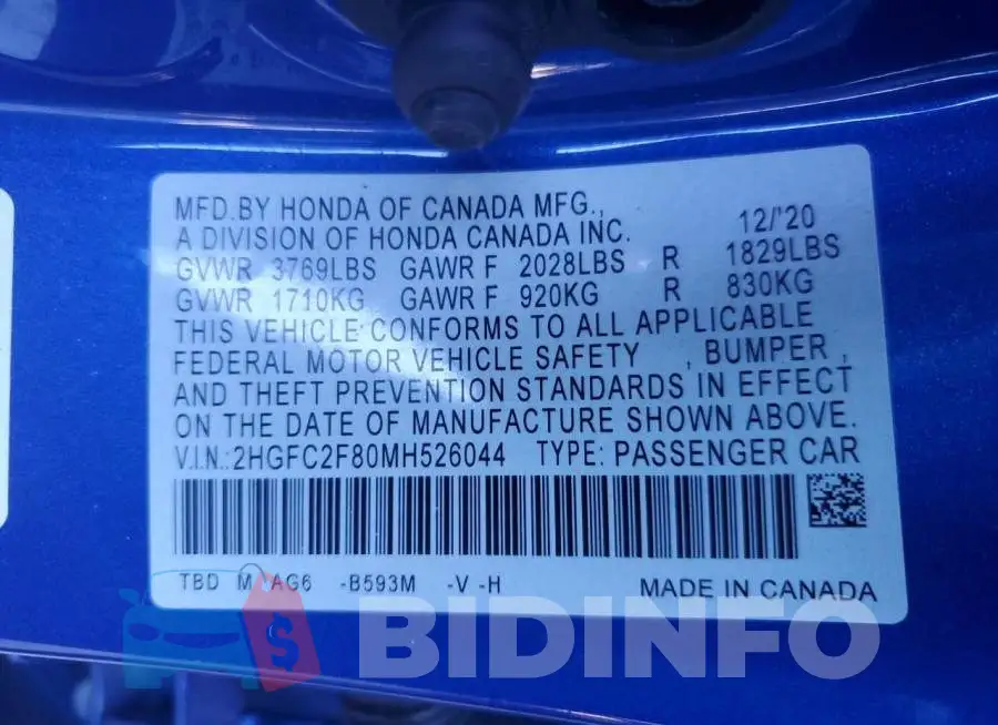 2HGFC2F80MH526044 Photo# 12