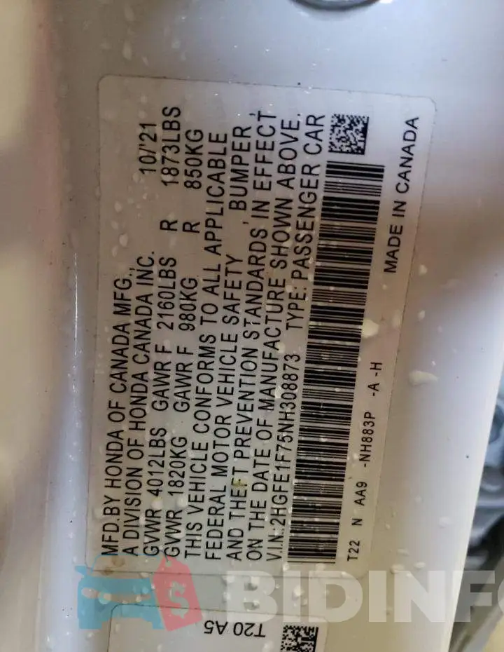 2HGFE1F75NH308873 Photo# 12
