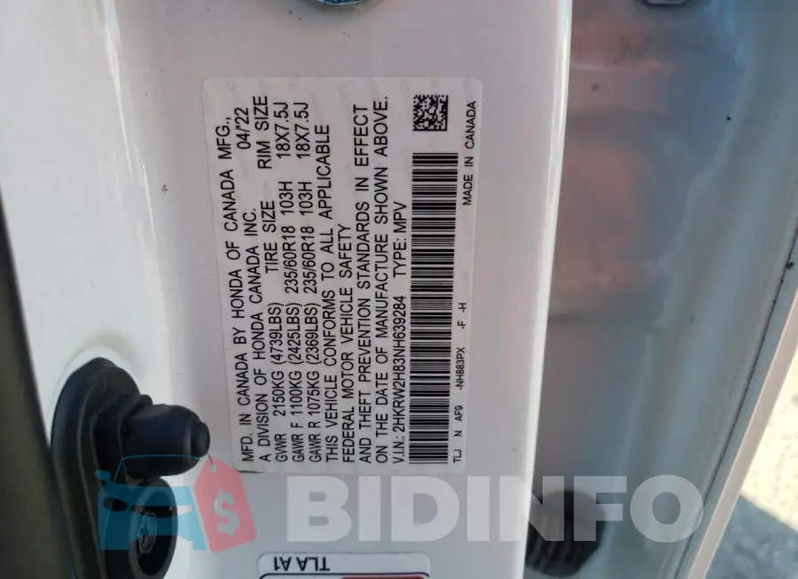 2HKRW2H83NH639284 Photo# 14