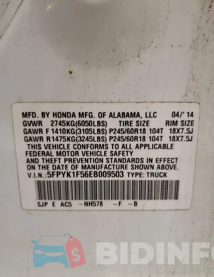 5FPYK1F56EB009503 Photo# 13