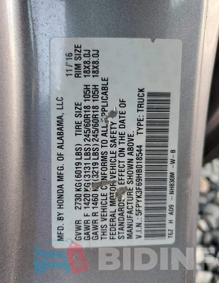 5FPYK3F69HB018544 Photo# 12