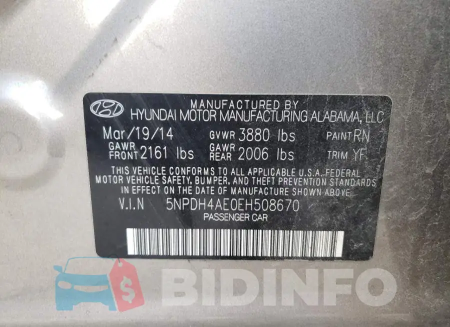 5NPDH4AE0EH508670 Photo# 12