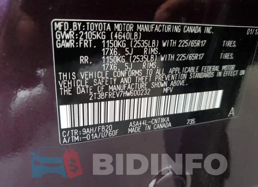 2T3BFREV7HW600232 Photo# 13
