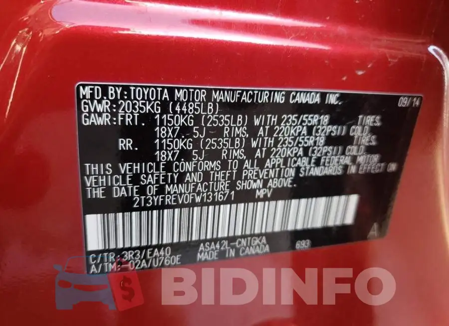 2T3YFREV0FW131671 Photo# 14