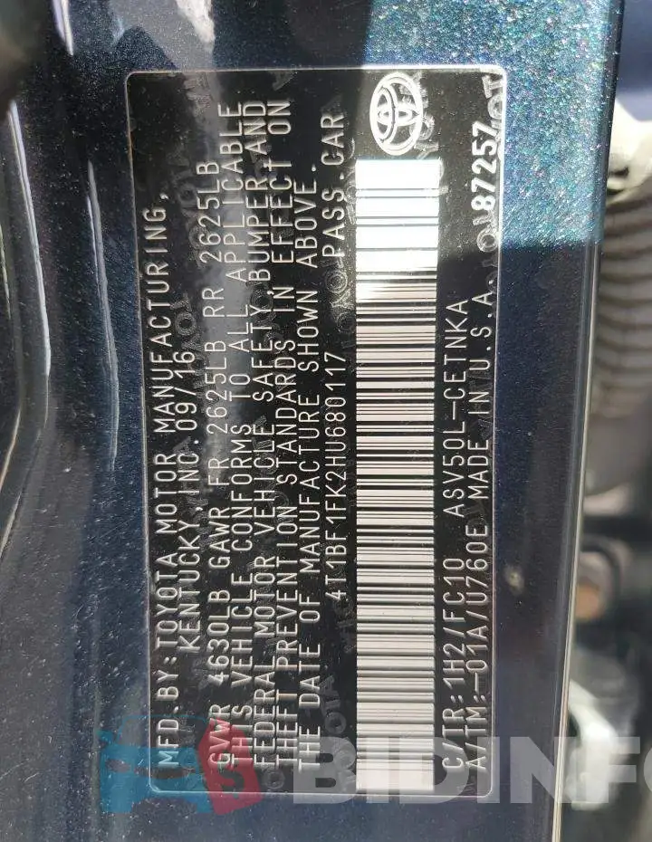 4T1BF1FK2HU680117 Photo# 13