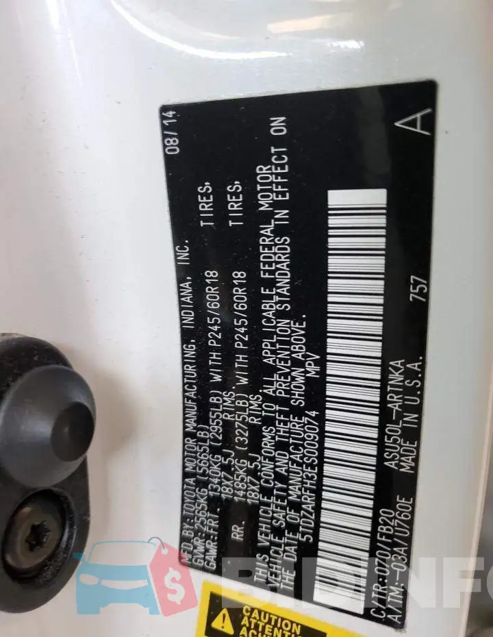 5TDZARFH3ES009074 Photo# 13