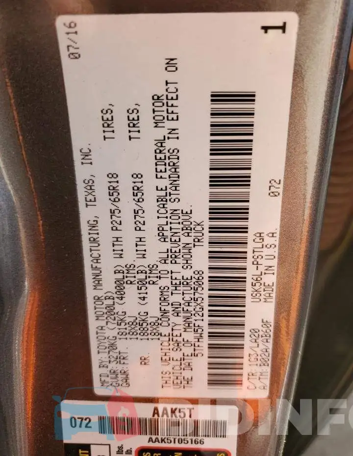 5TFHW5F12GX575068 Photo# 12