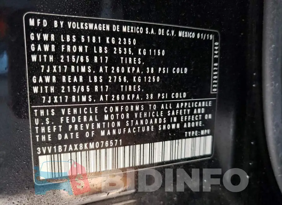 3VV1B7AX8KM076571 Photo# 13