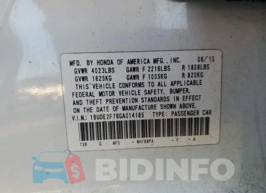 19UDE2F76GA014185 Photo# 12