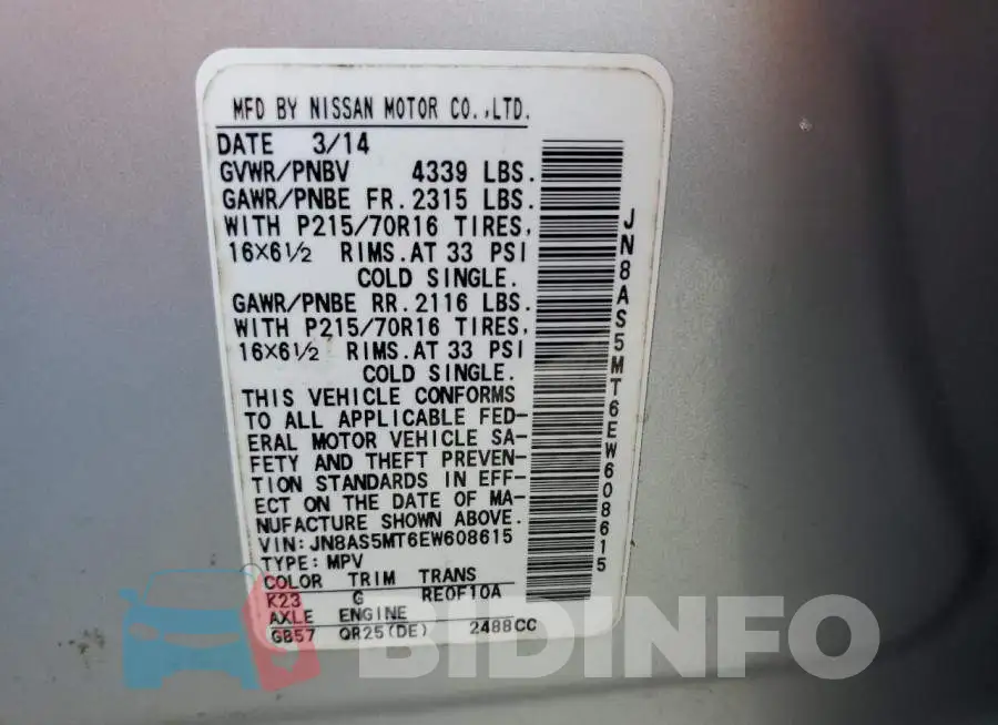 JN8AS5MT6EW608615 Photo# 12