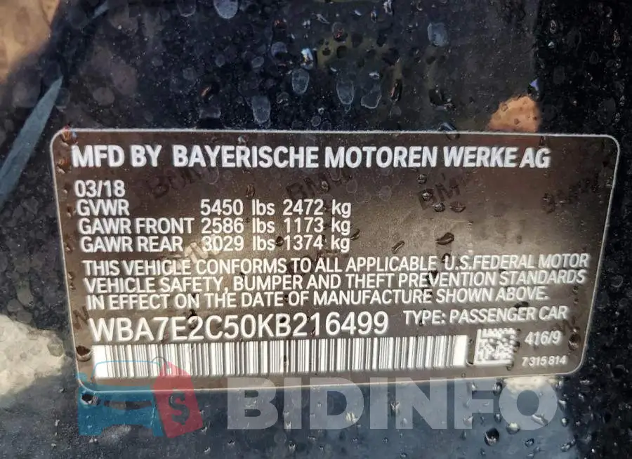 WBA7E2C50KB216499 Photo# 12