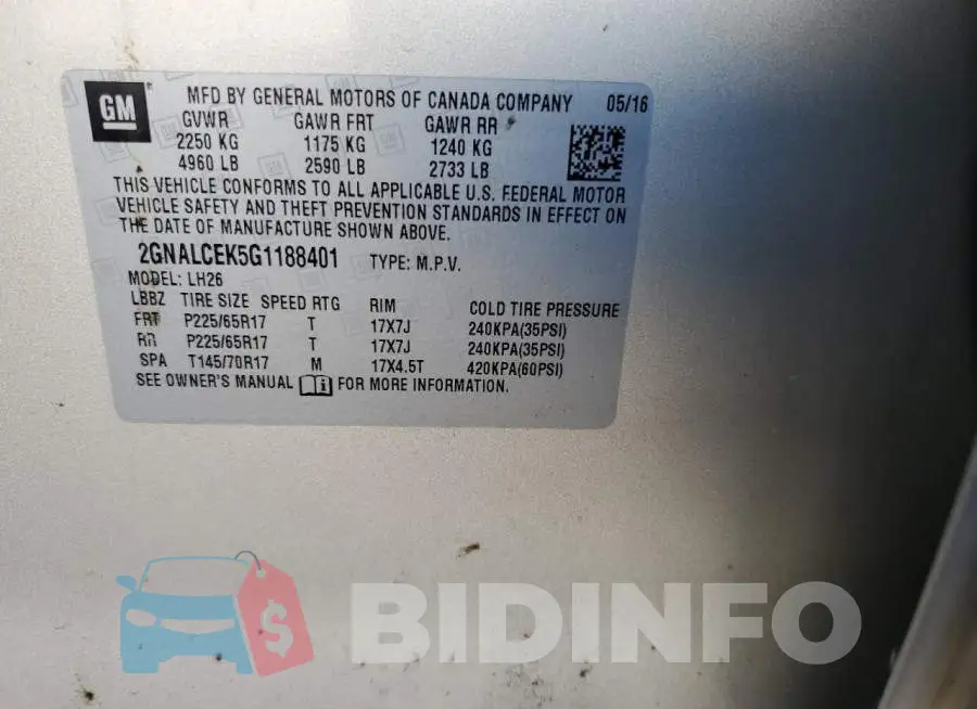 2GNALCEK5G1188401 Photo# 12