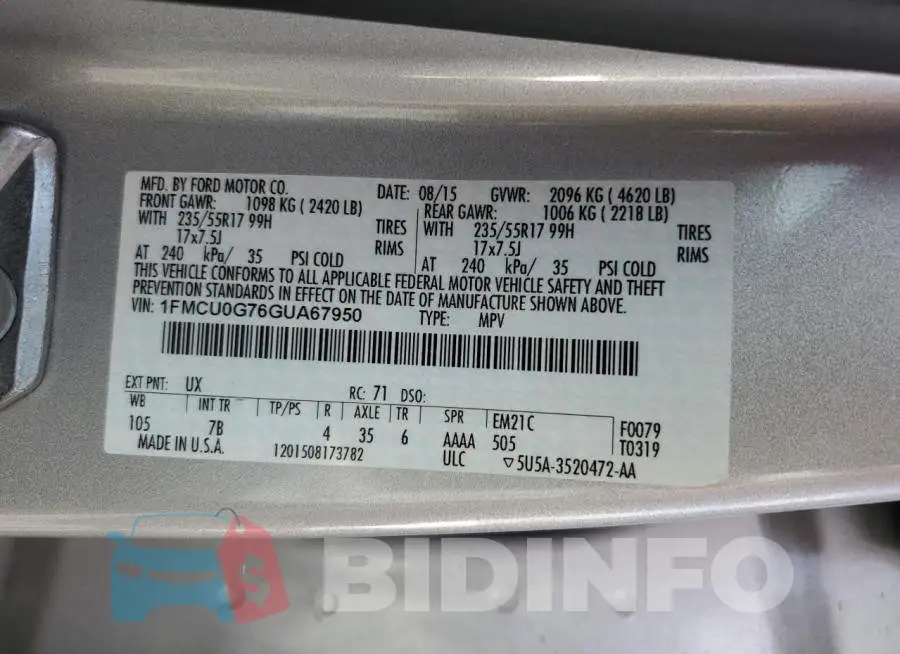 1FMCU0G76GUA67950 Photo# 13