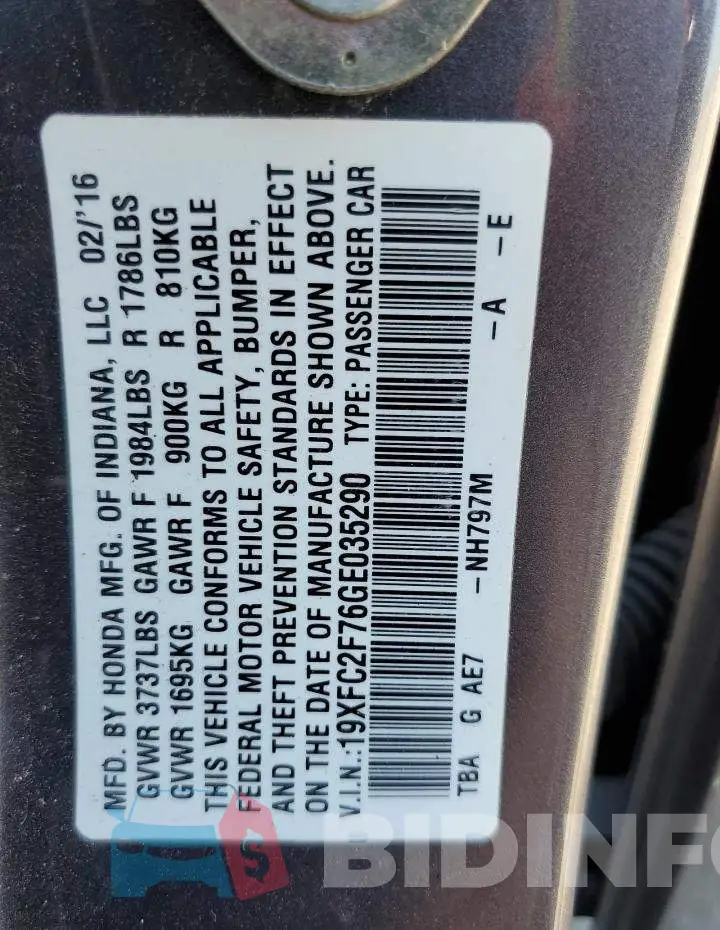19XFC2F76GE035290 Photo# 12