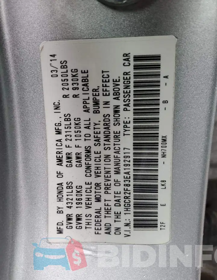 1HGCR2F83EA192917 Photo# 12