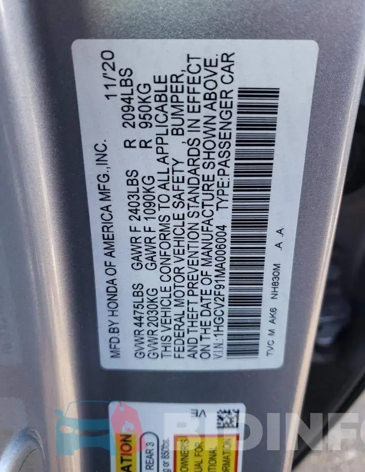 1HGCV2F91MA006004 Photo# 12