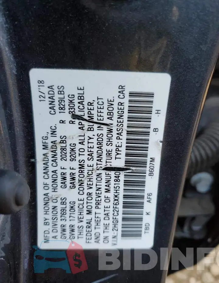 2HGFC2F6XKH518402 Photo# 13