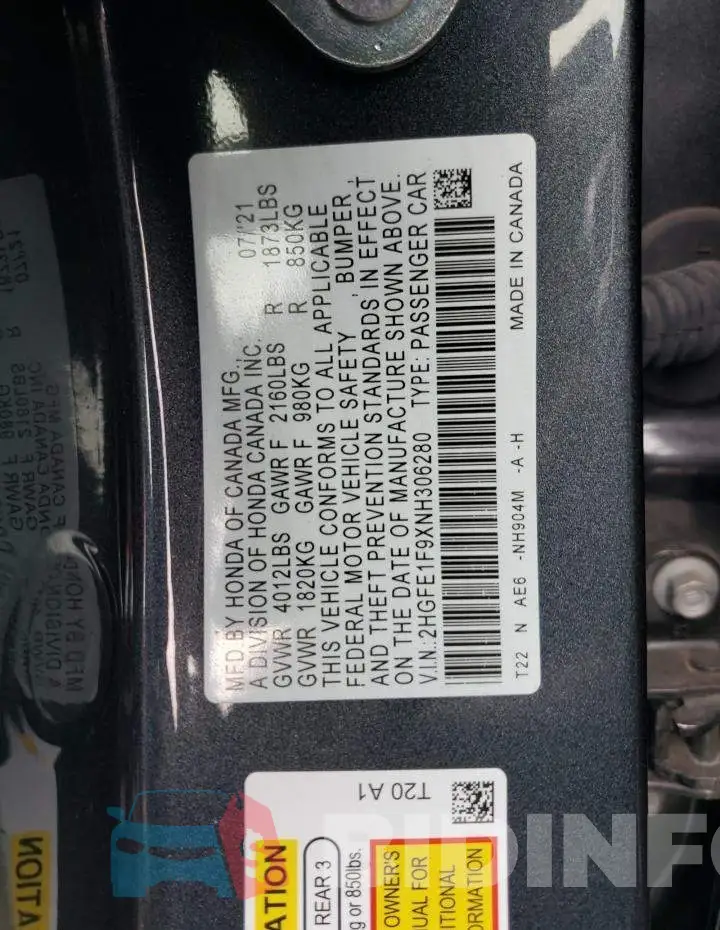 2HGFE1F9XNH306280 Photo# 13