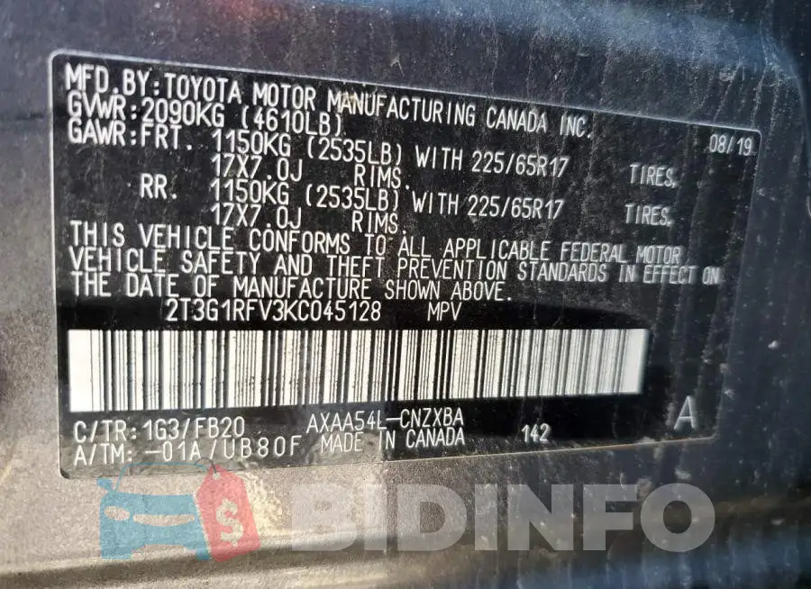 2T3G1RFV3KC045128 Photo# 13