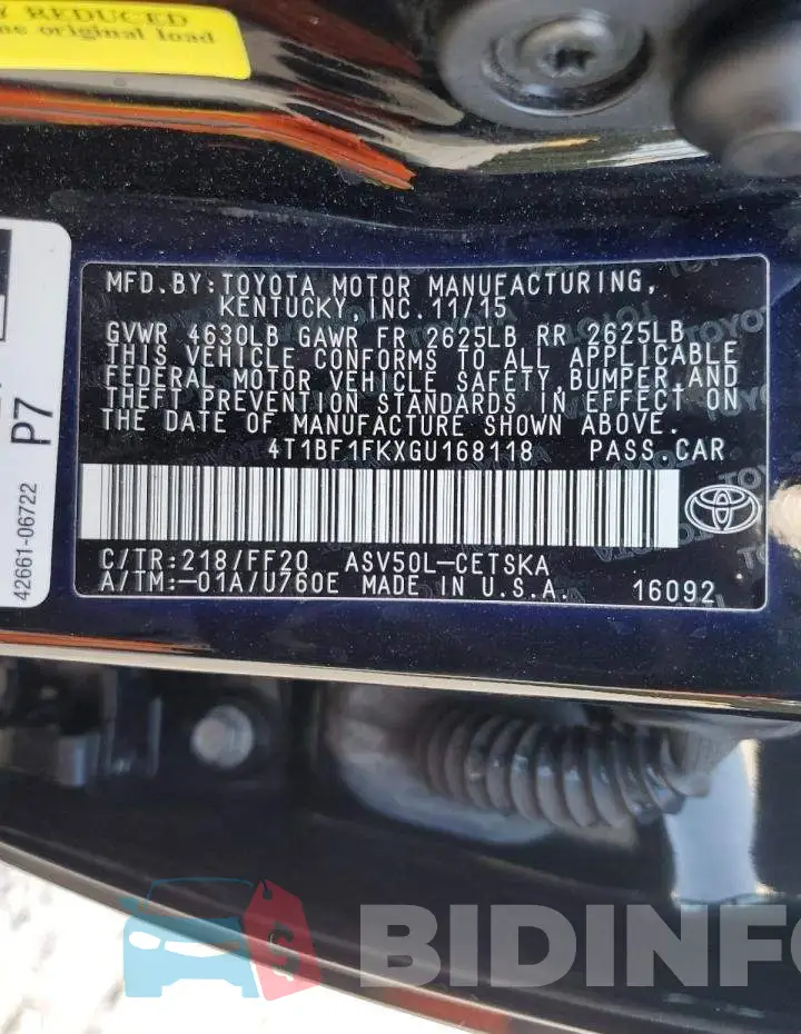 4T1BF1FKXGU168118 Photo# 12