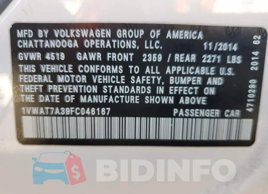 1VWAT7A39FC046167 Photo# 12