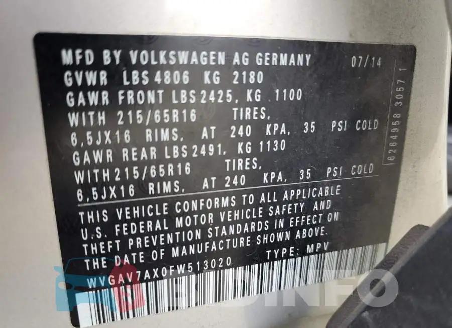 WVGAV7AX0FW513020 Photo# 12