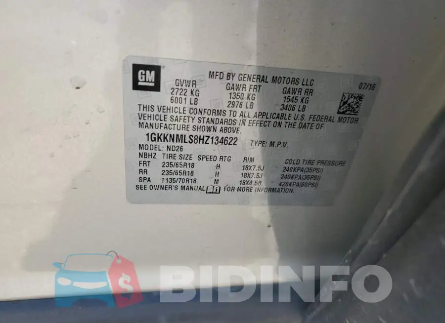 1GKKNMLS8HZ134622 Photo# 14
