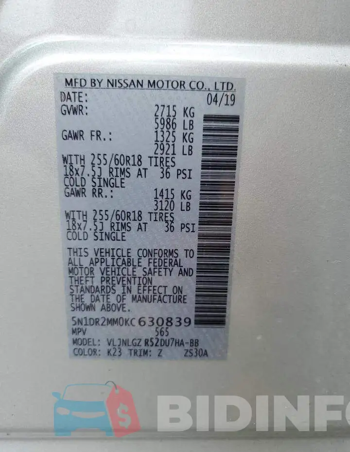 5N1DR2MM0KC630839 Photo# 13