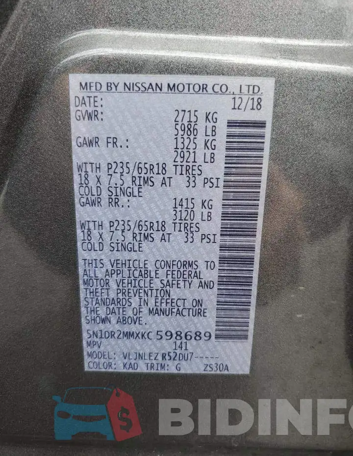 5N1DR2MMXKC598689 Photo# 13