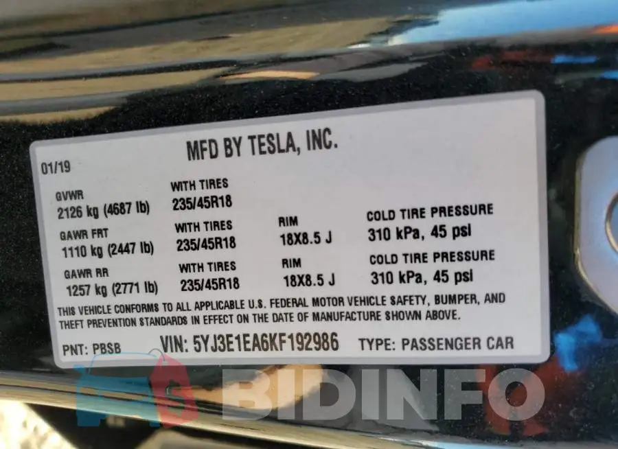 5YJ3E1EA6KF192986 Photo# 13