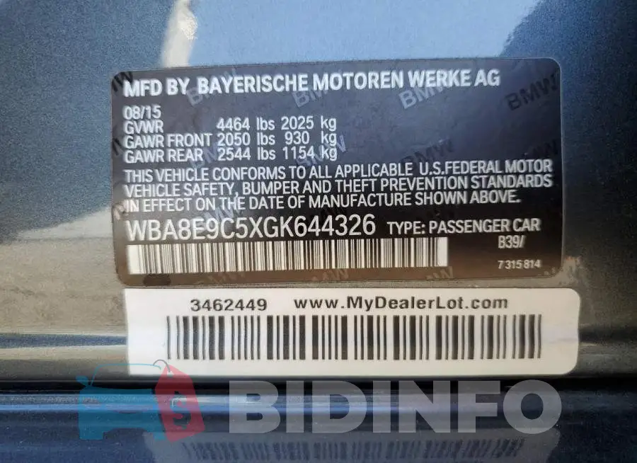 WBA8E9C5XGK644326 Photo# 12